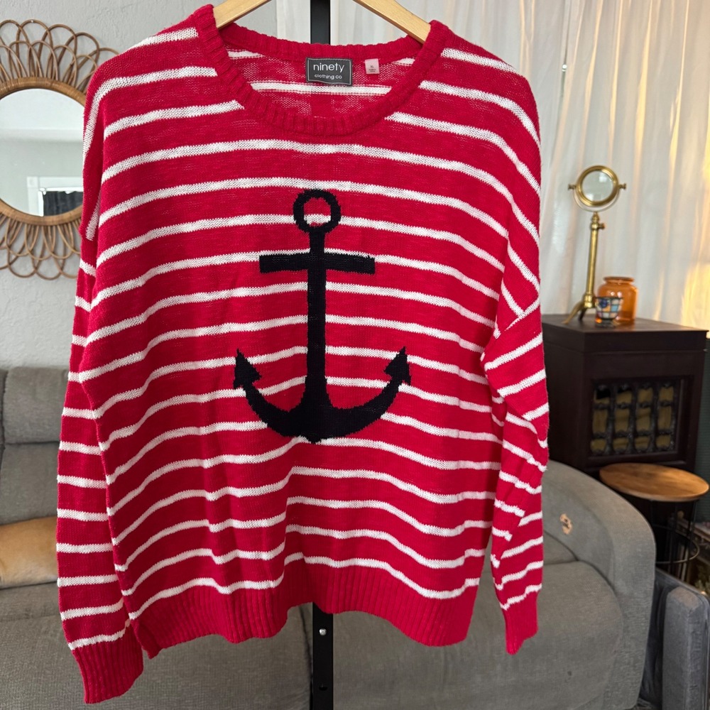 Ninety Clothing Cotton Sweater XL Red Striped Knit Beachy Anchor Nautical